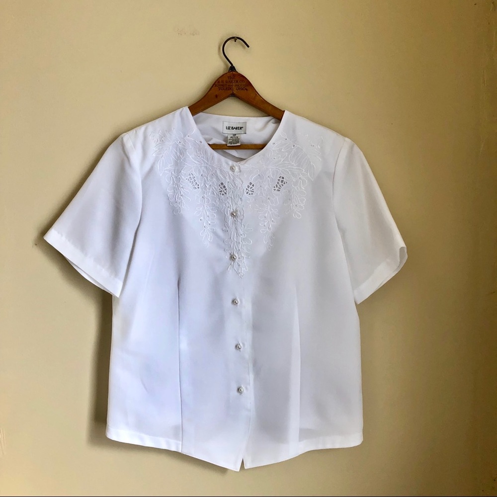 Vtg Liz Baker Petite Detailed White Blouse
